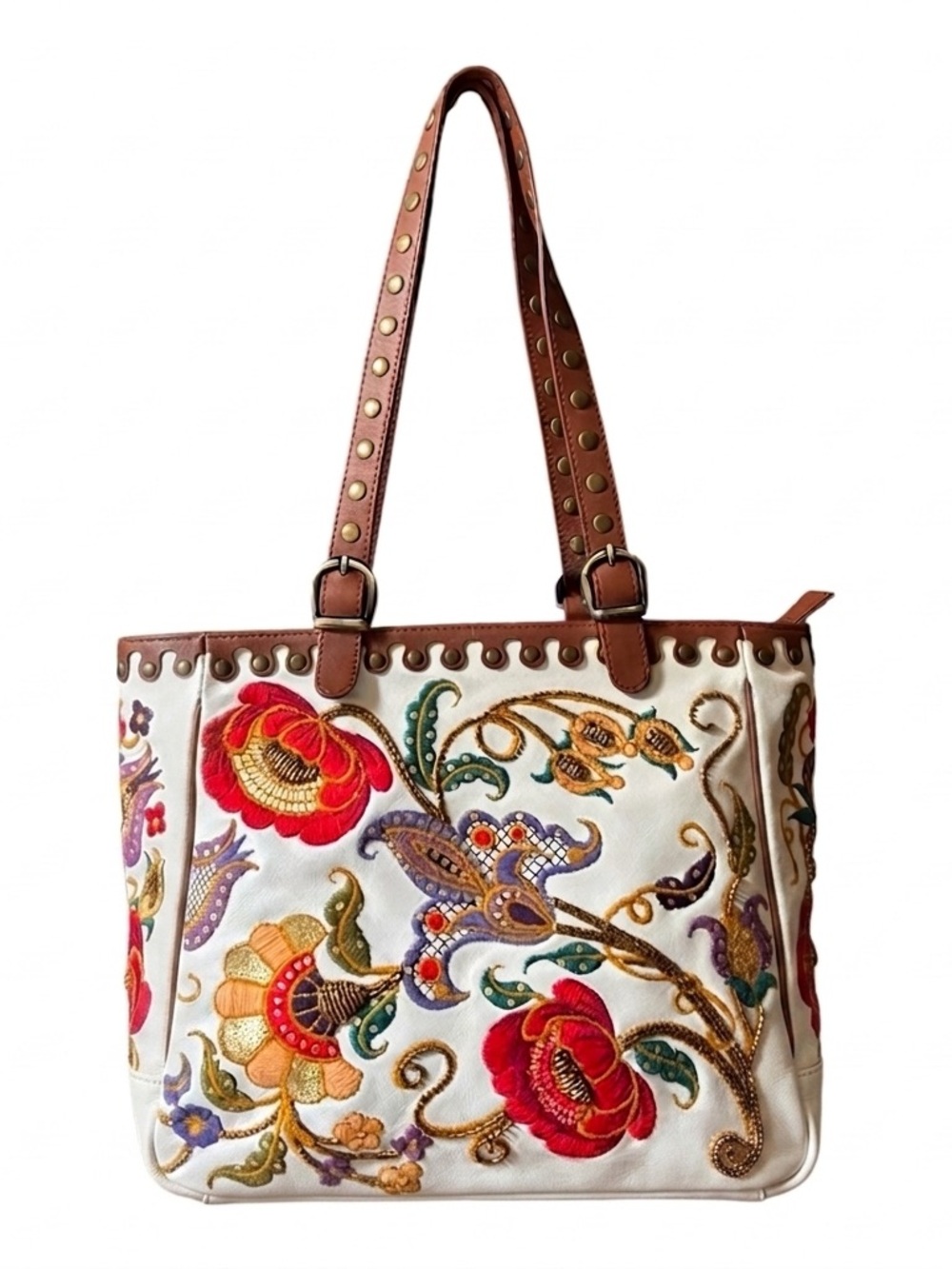 Isabella Fiore floral embroidered canvas and leather tote bag